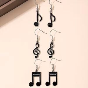 3 Pairs of Musician, Music Student, Music Note Dangling Earrings - Black/Silver